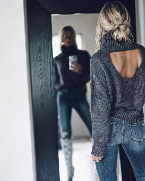 16 вариантов как носить свитер с открытой спиной, получив соблазнительный образ